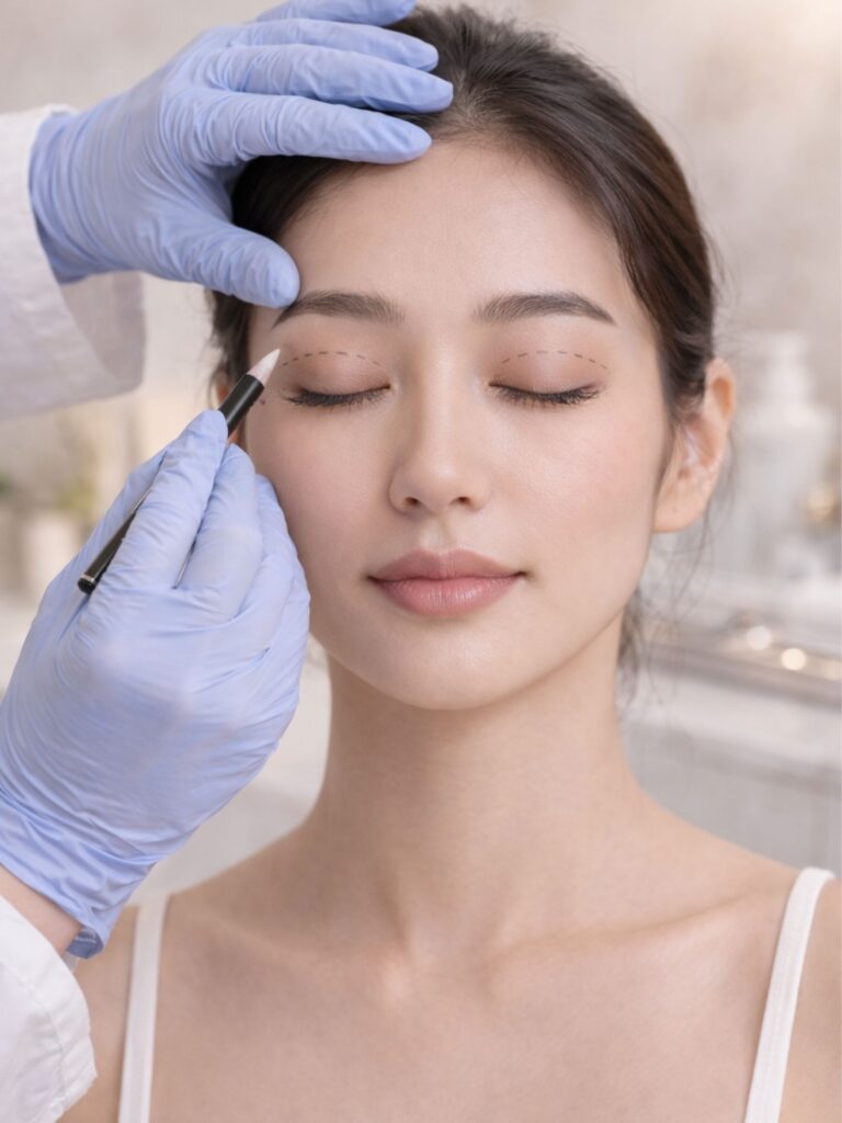 Asian eyelid surgery planning with precise upper eyelid markings before procedure