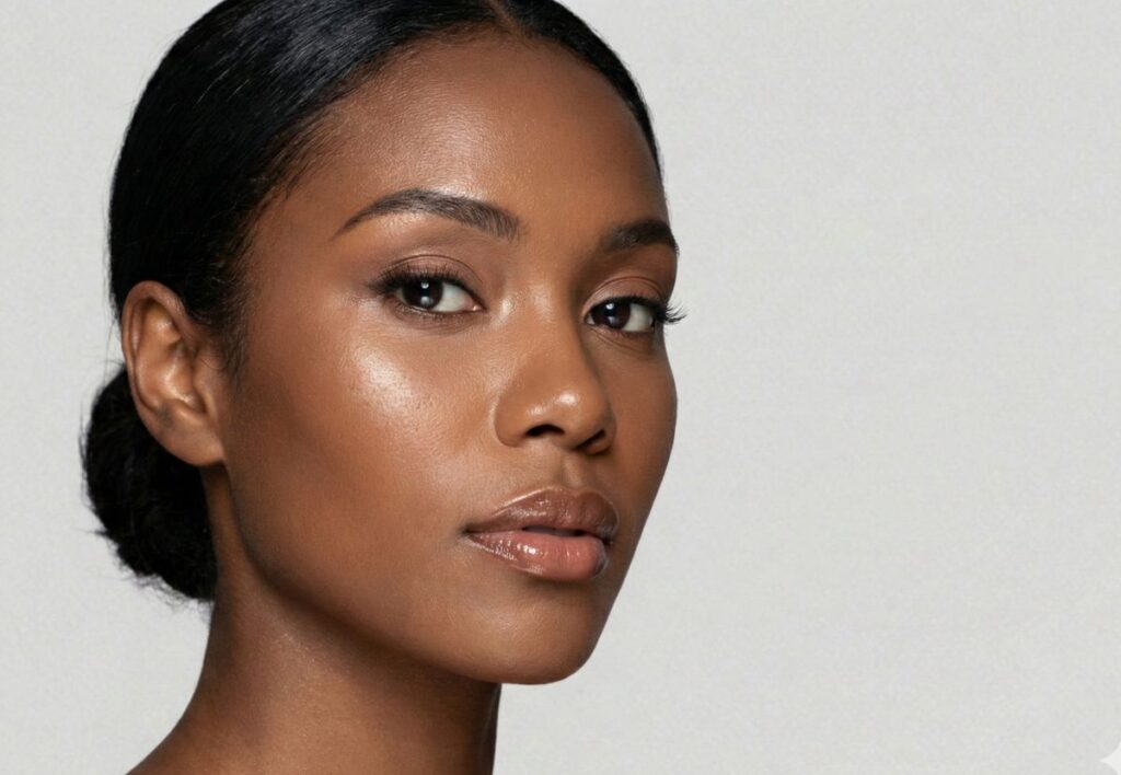 Black woman with smooth, radiant skin representing natural and balanced plastic surgery results at Aestira in Miami.