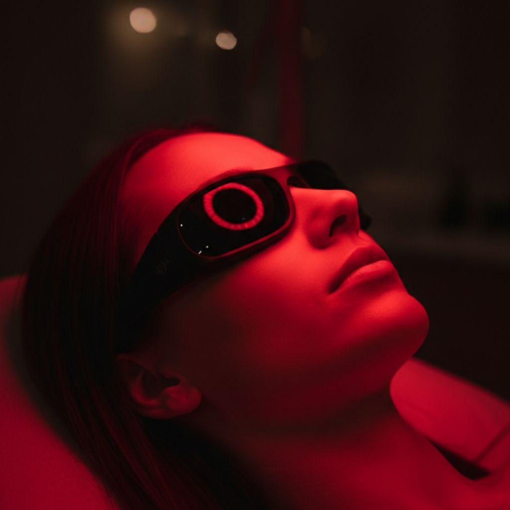 Woman receiving red light therapy treatment for skin rejuvenation at Aestira Plastic Surgery in Miami.