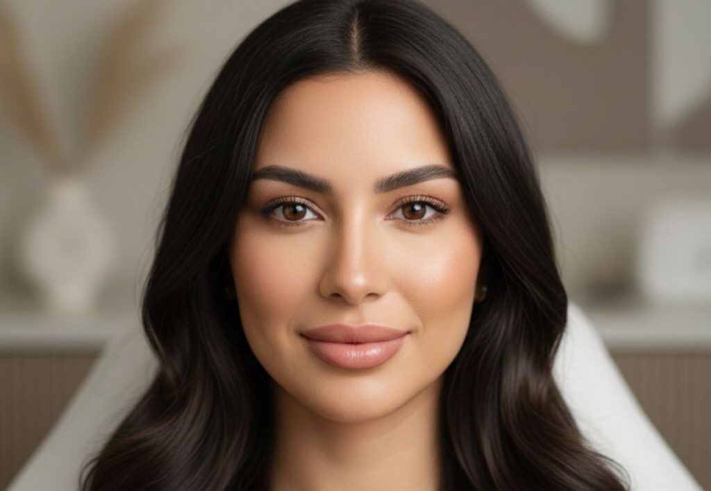 Woman with smooth, naturally enhanced lips after a refined lip enhancement treatment at Aestira in Miami.