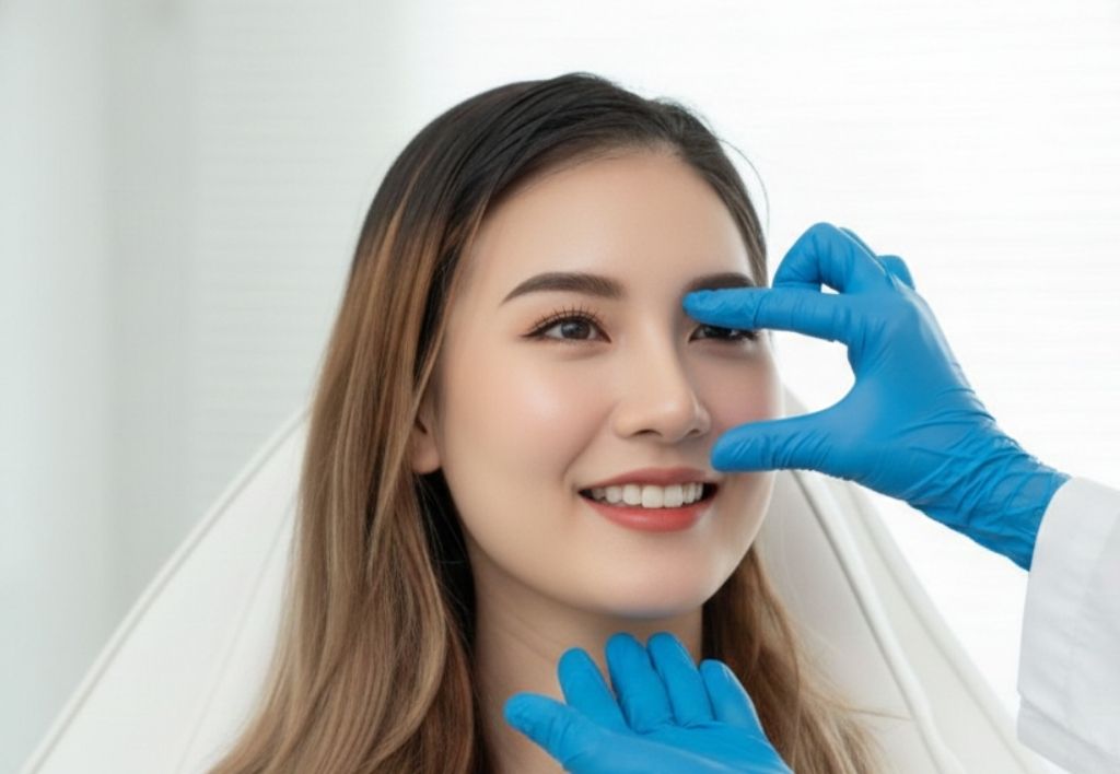 Asian woman during a rhinoplasty consultation highlighting precise nasal refinement at Aestira in Miami.