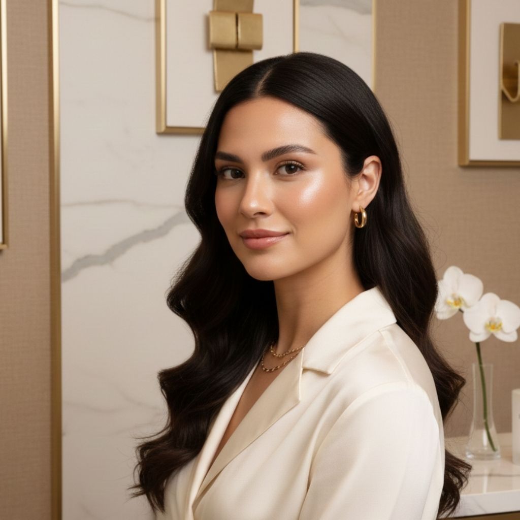 Confident Latin woman in a luxury aesthetic clinic setting after personalized plastic surgery at Aestira in Miami.