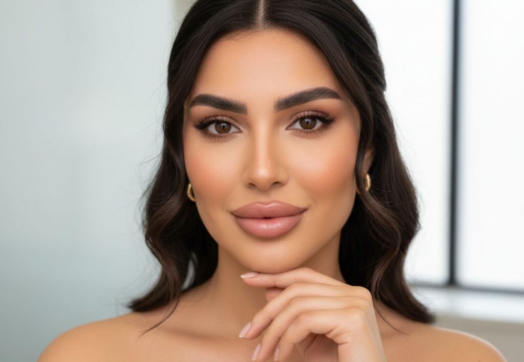 Woman with smooth, full lips after natural-looking lip augmentation at Aestira in Miami.