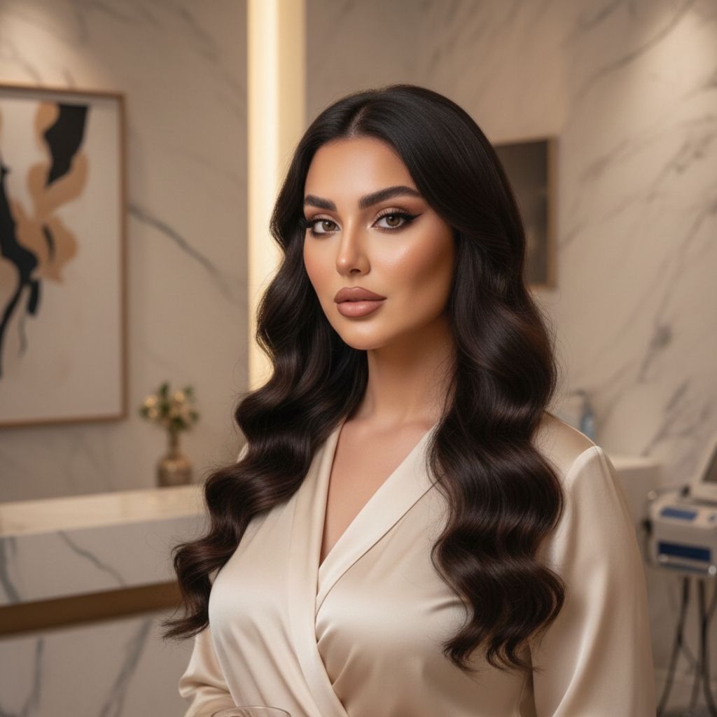 Elegant Middle Eastern woman in a luxury clinic setting representing personalized plastic surgery at Aestira in Miami.