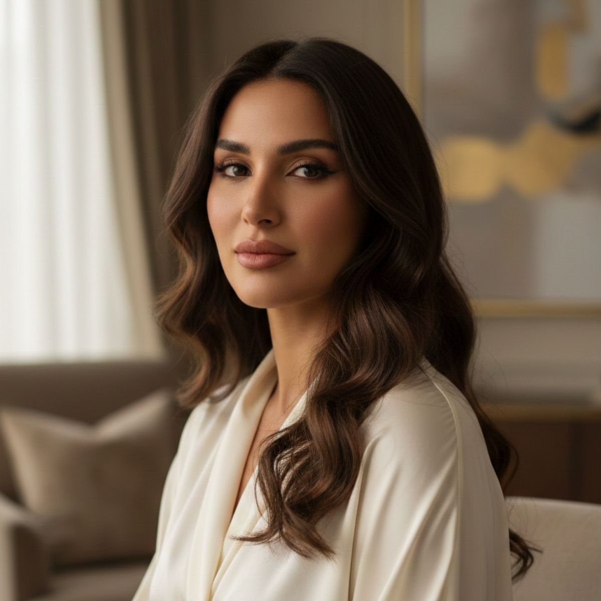 Elegant Middle Eastern woman in a refined clinic setting representing personalized aesthetic treatment at Aestira in Miami.