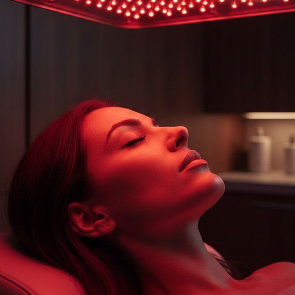 Middle Eastern woman receiving red light therapy treatment for skin rejuvenation and recovery at Aestira in Miami.