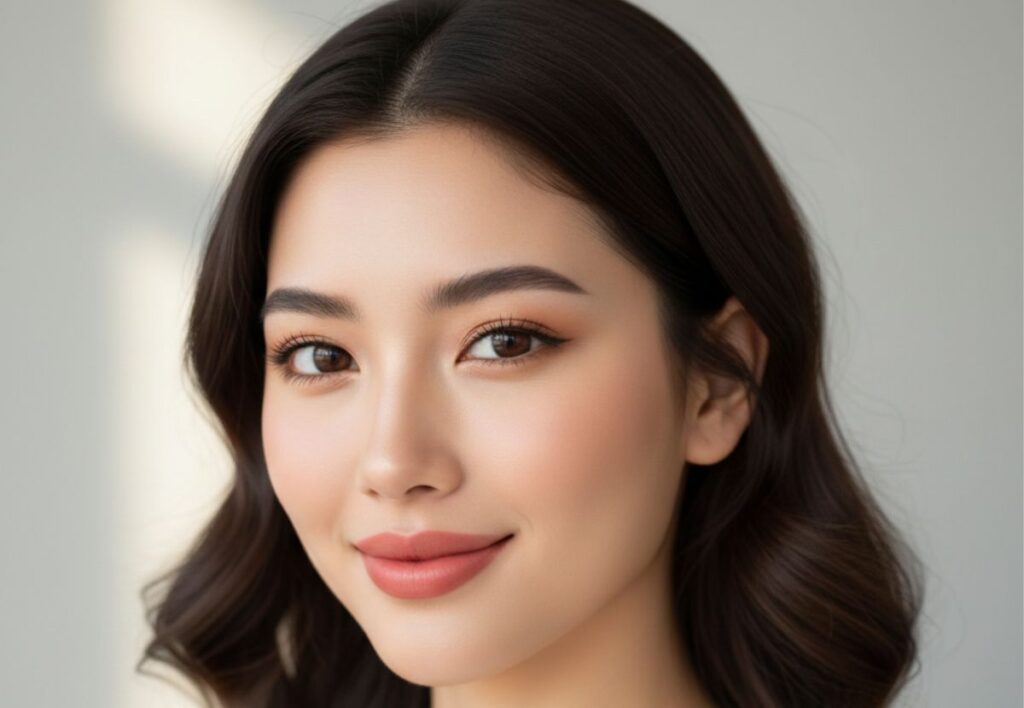 Asian woman with softly sculpted, naturally defined lips after lip enhancement at Aestira in Miami.