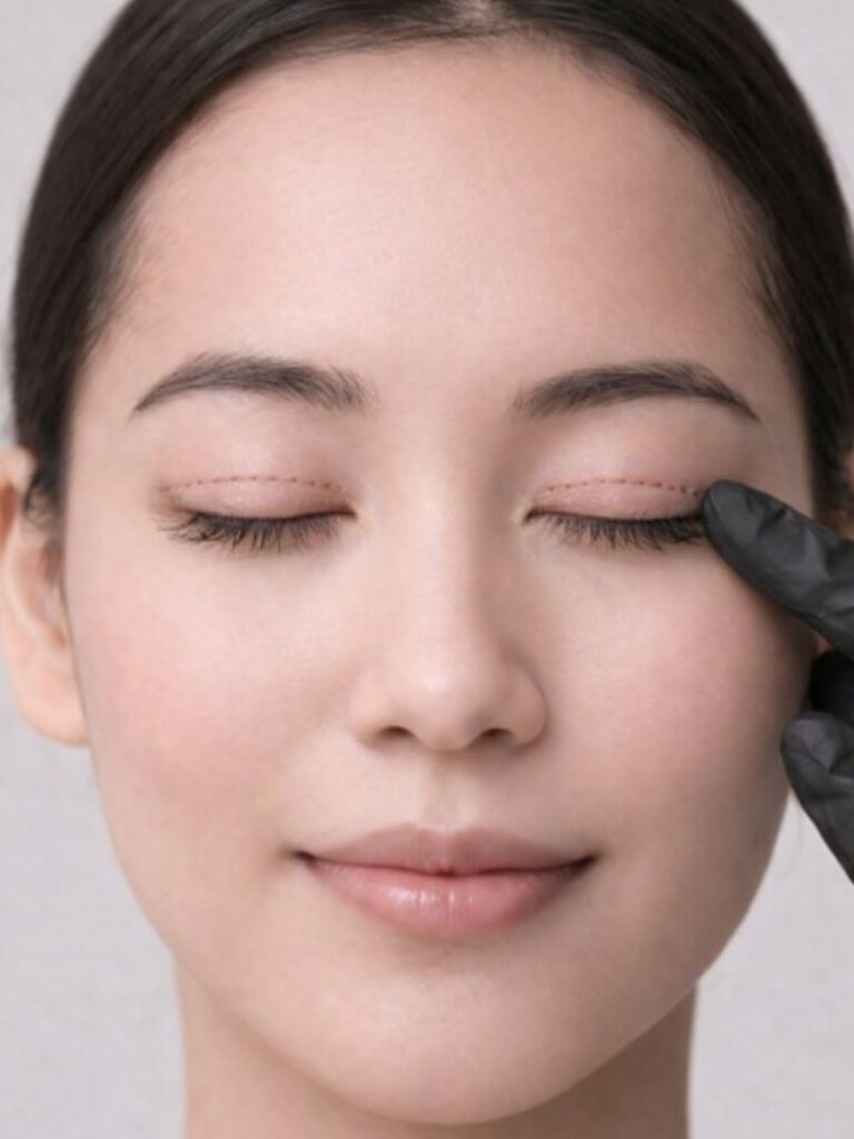 Korean eyelid surgery recovery with protective bandages on upper eyelids