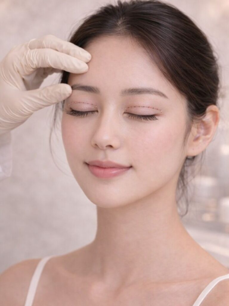 Pre-surgical eyelid marking for double eyelid procedure with precise aesthetic planning at Aestira