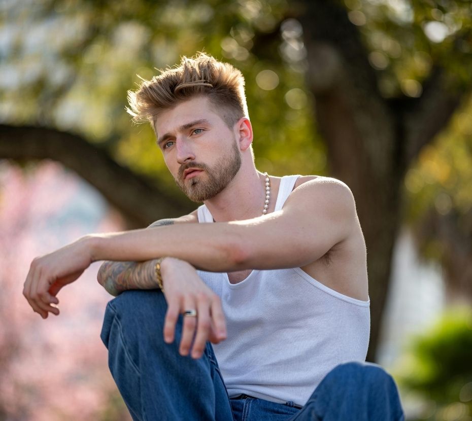 Young Caucasian man with blonde hair and a beard, wearing a white tank top and jeans, sitting outdoors with arms resting on his knees