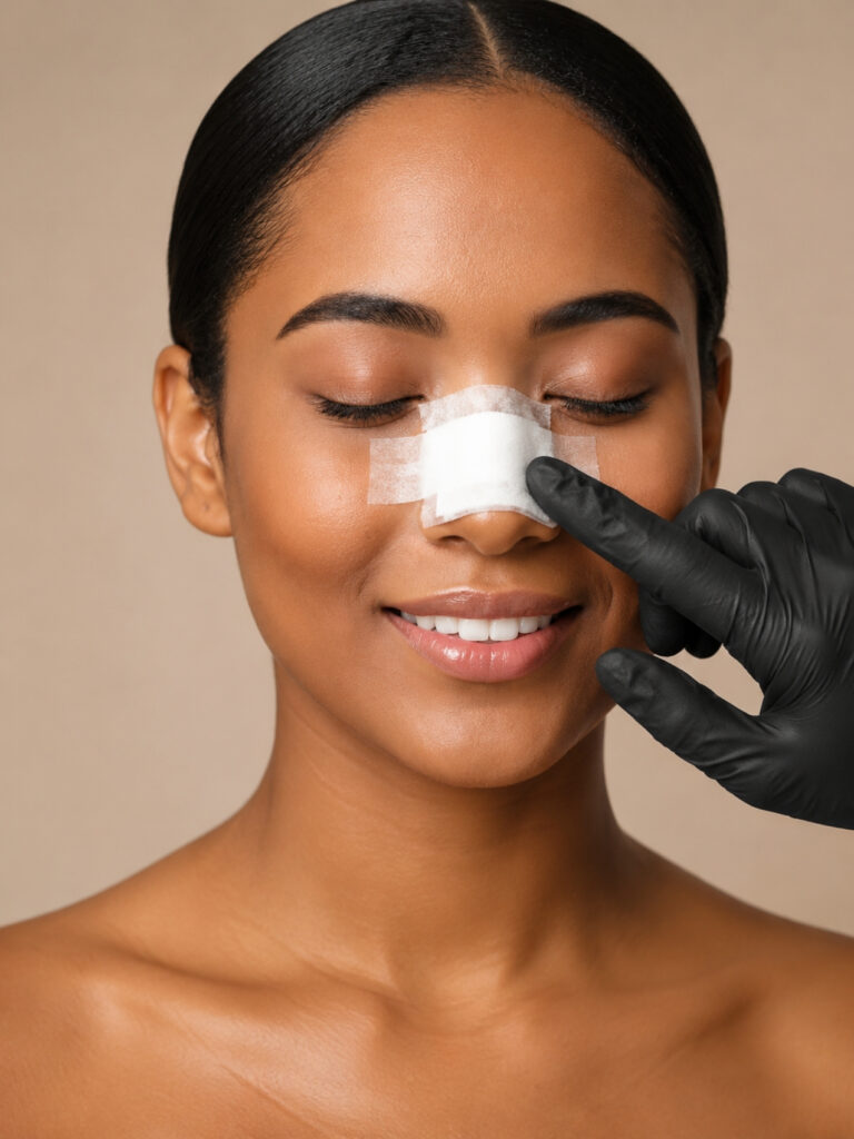 Close-up of a Black woman smiling with her eyes closed, showing a nose bandage after a rhinoplasty procedure at Aestira Plastic Surgery