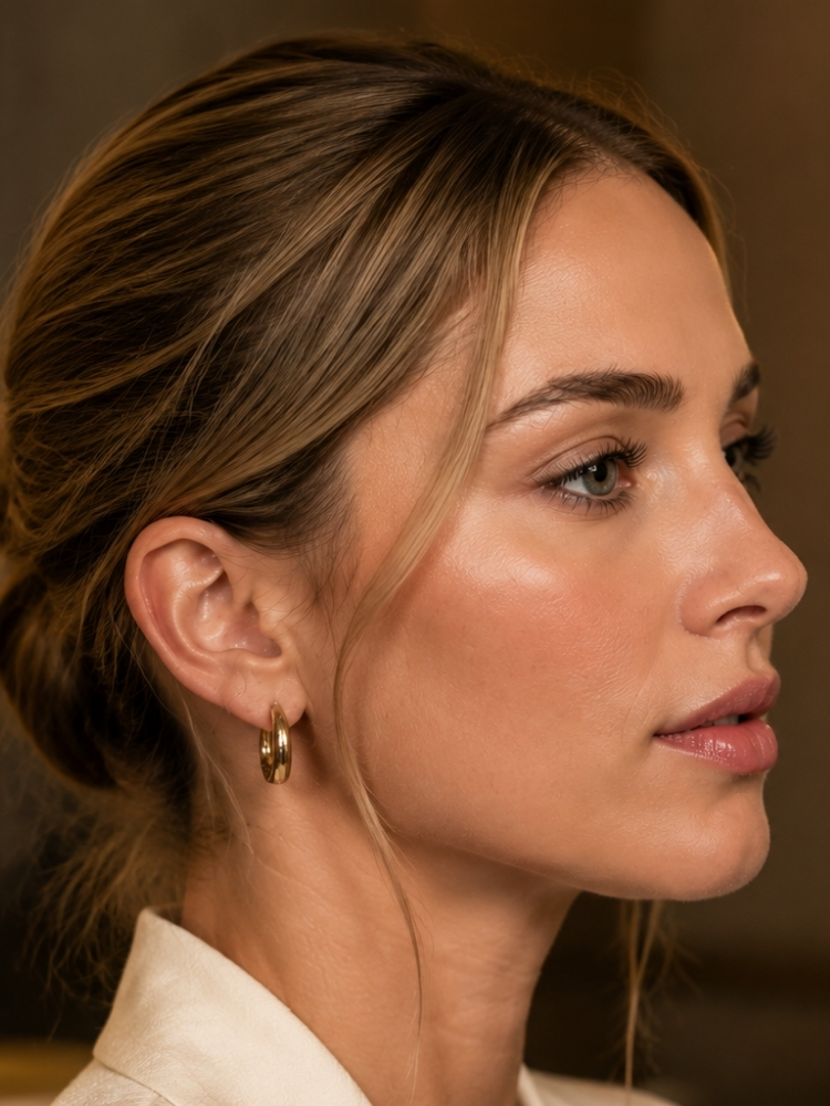 Close-up profile of a young woman with light brown hair in an elegant updo, wearing a simple gold hoop earring and cream blouse