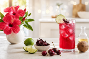 Tart cherry and hibiscus recovery drink with coconut water and lime in a bright kitchen